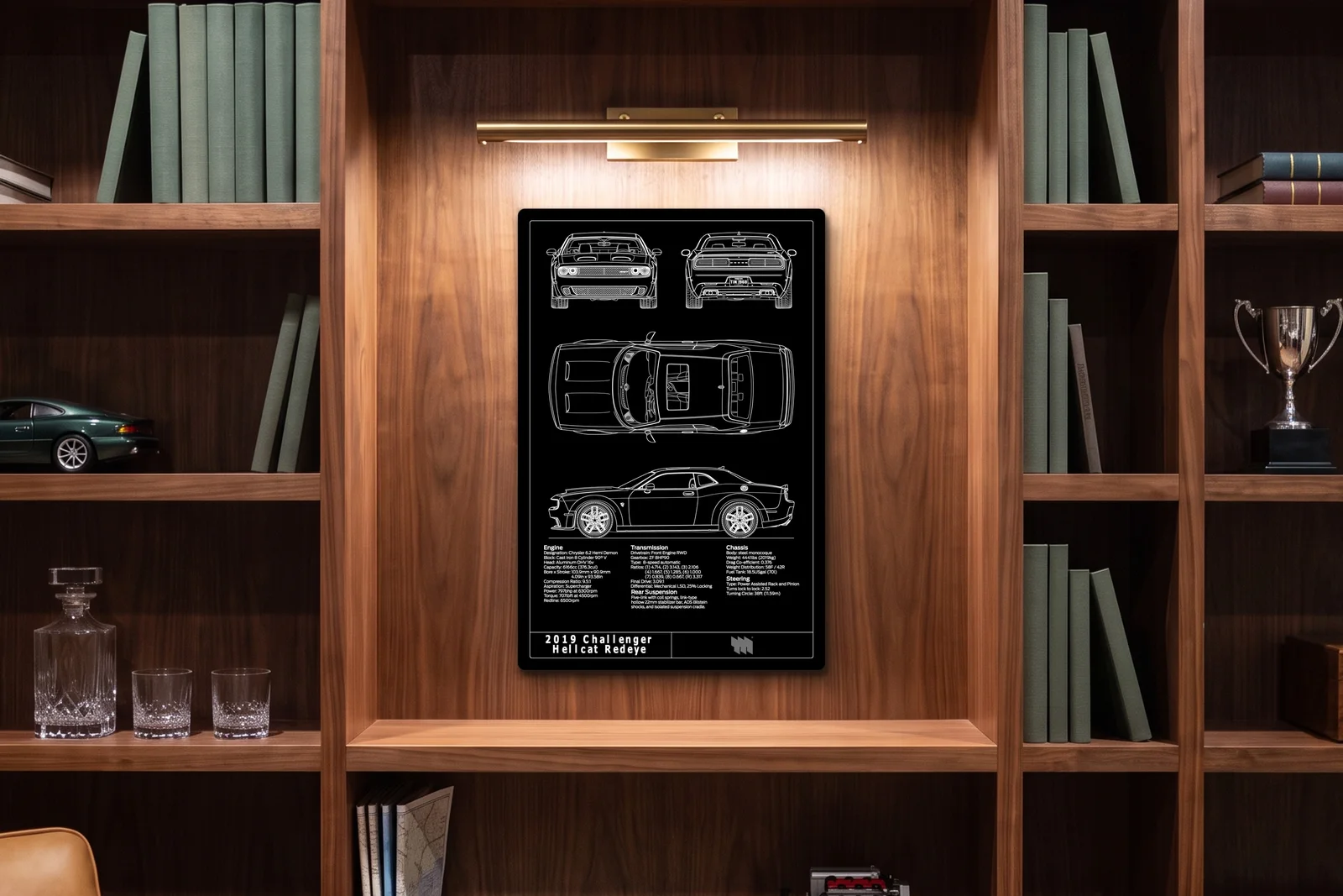 2019 Challenger Hellcat Redeye, in a walnut library, portrait
