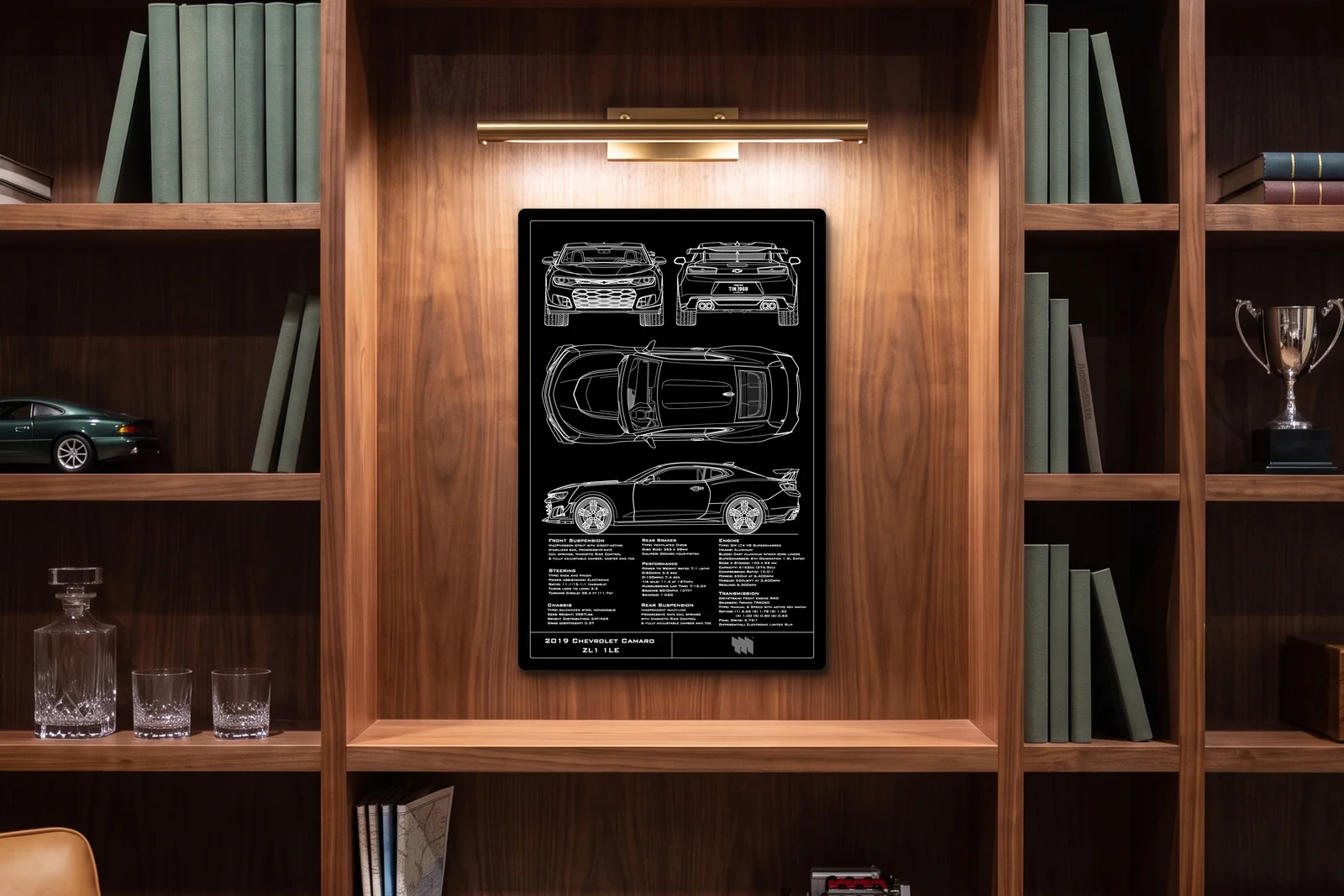 2019 Chevrolet Camaro ZL1 1LE, in a walnut library, portrait