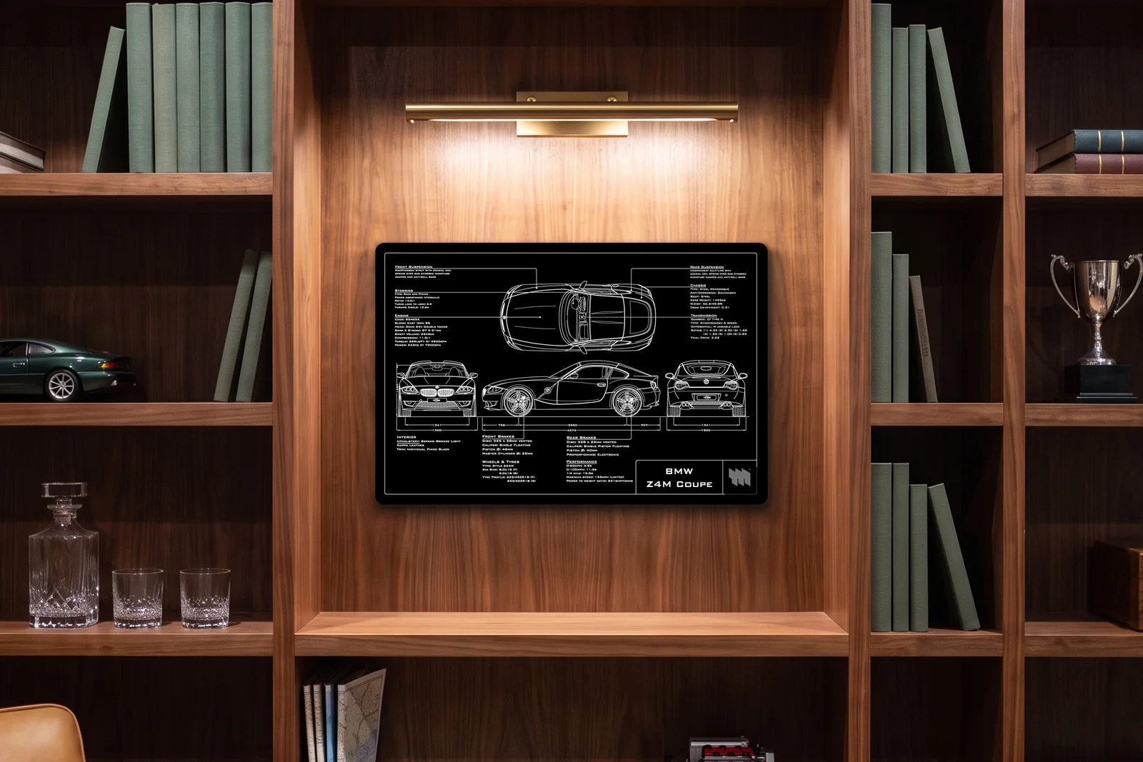 BMW Z4M Coupe, in a walnut library, landscape