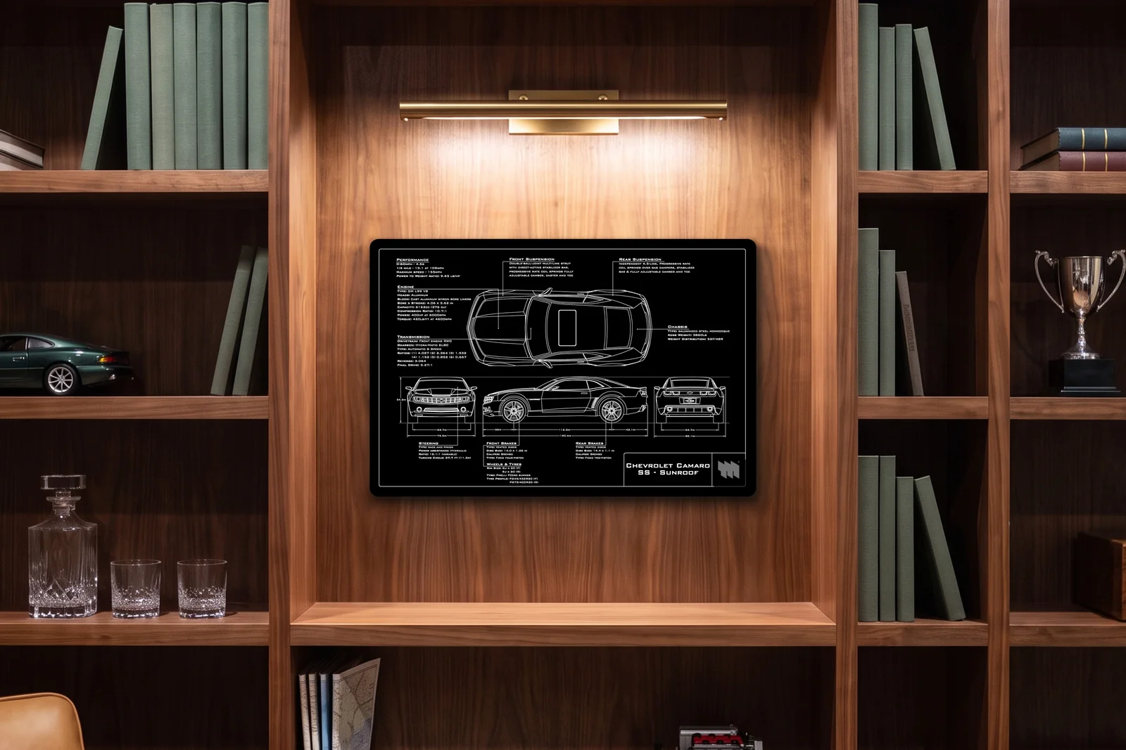 Chevrolet Camaro SS - Sunroof, in a walnut library, landscape