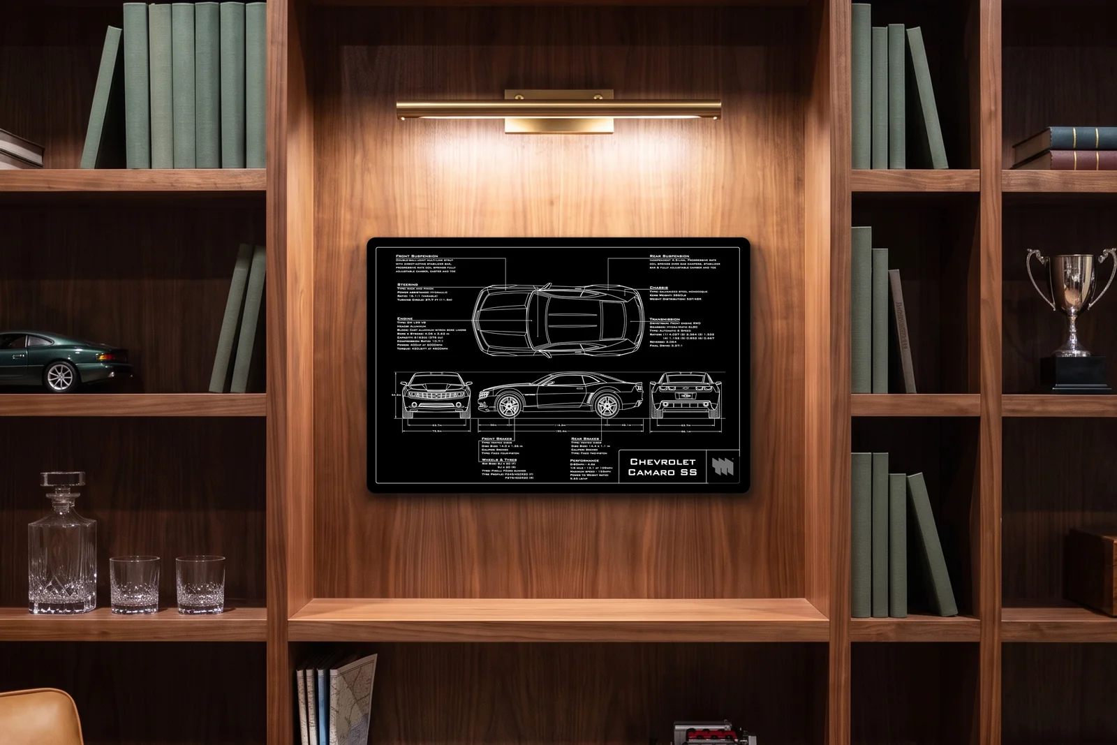 Chevrolet Camaro SS, in a walnut library, landscape