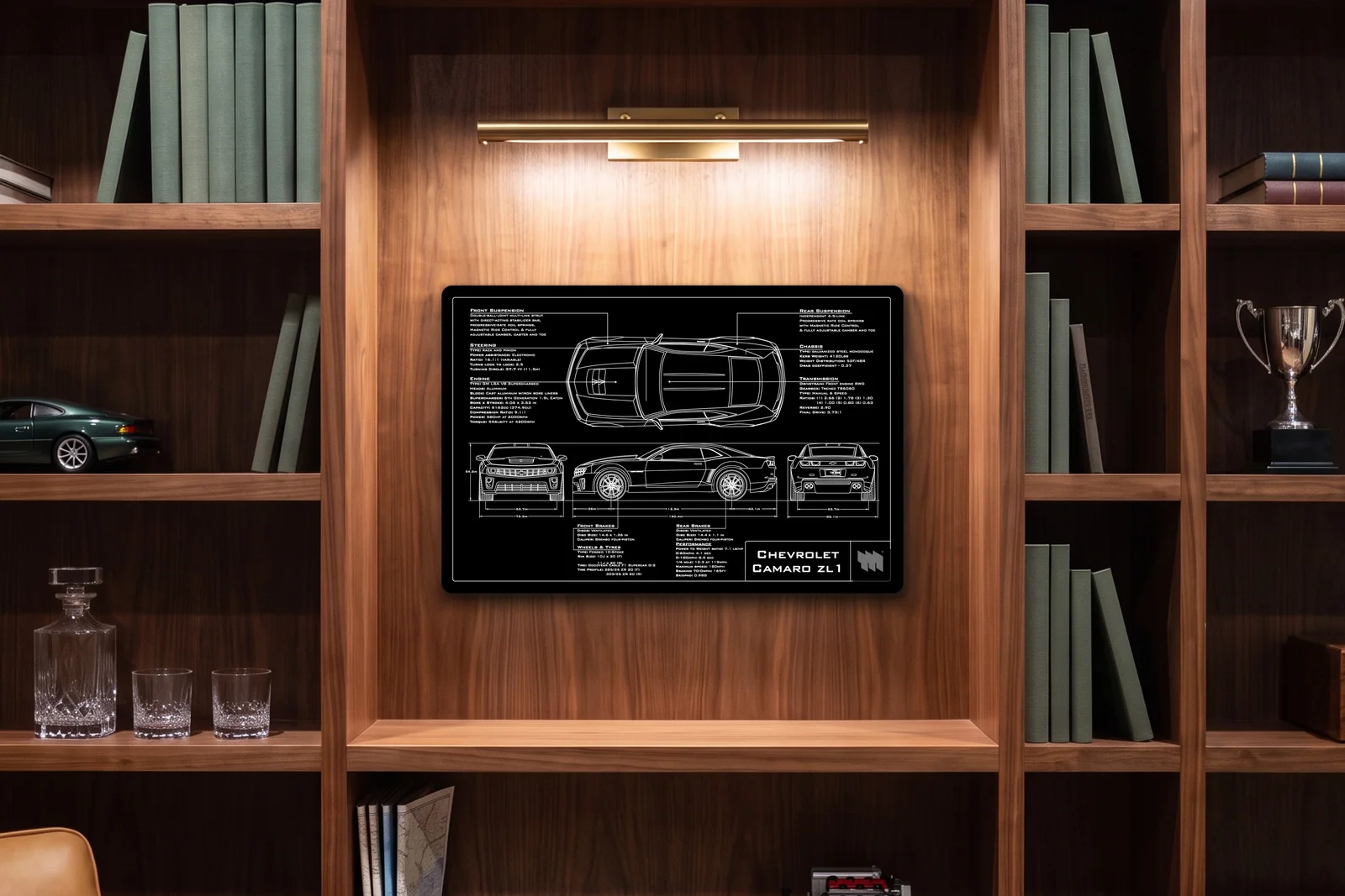 Chevrolet Camaro ZL1, in a walnut library, landscape