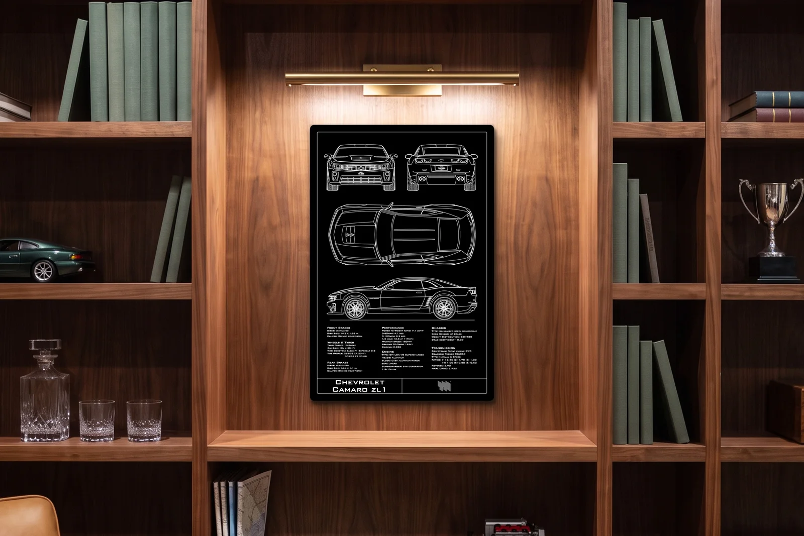 Chevrolet Camaro ZL1, in a walnut library, portrait