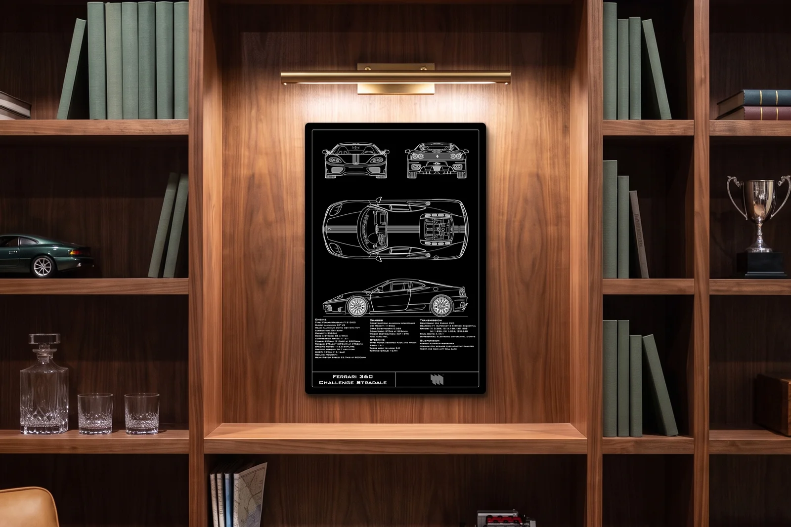 Ferrari 360 Challenge Stradale, in a walnut library, portrait