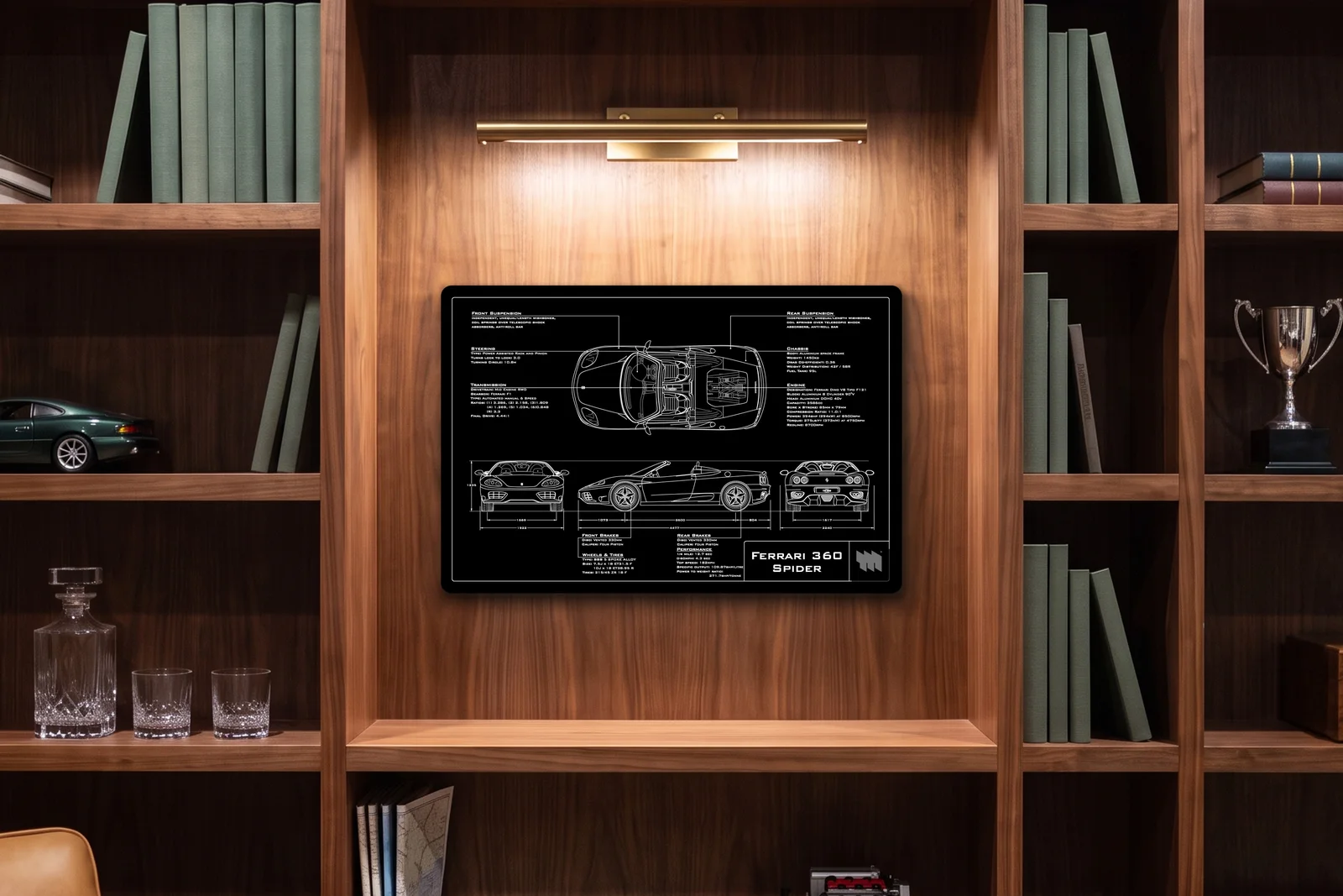 Ferrari 360 Spider, in a walnut library, landscape