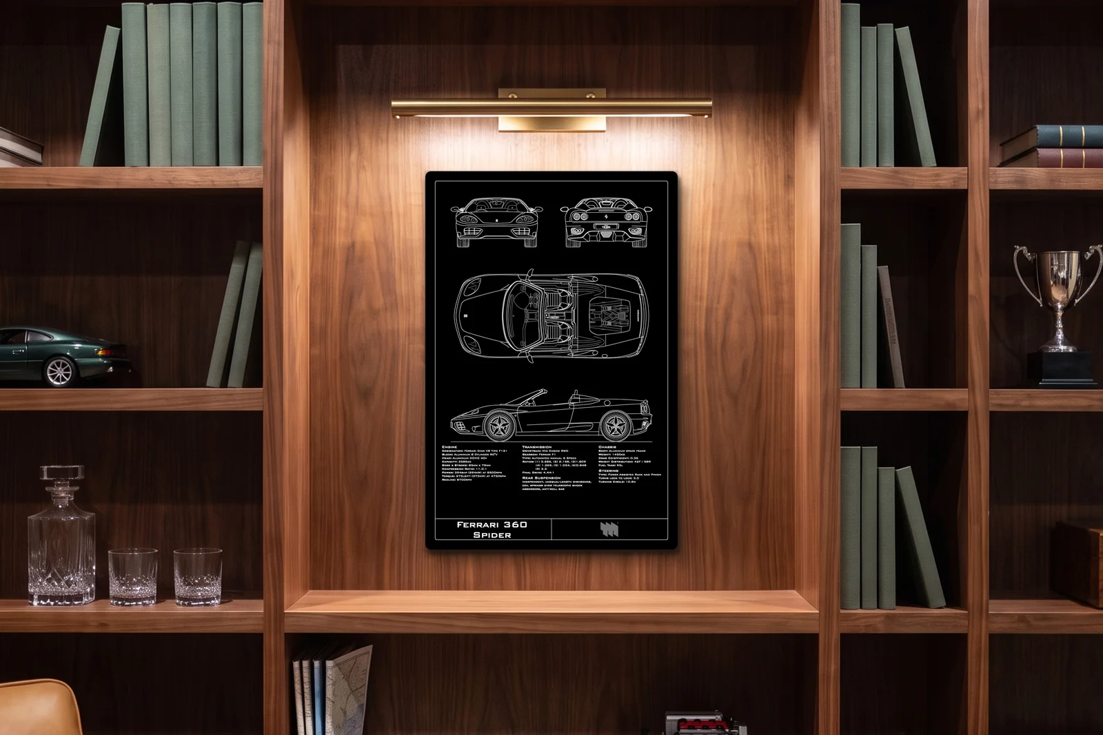 Ferrari 360 Spider, in a walnut library, portrait