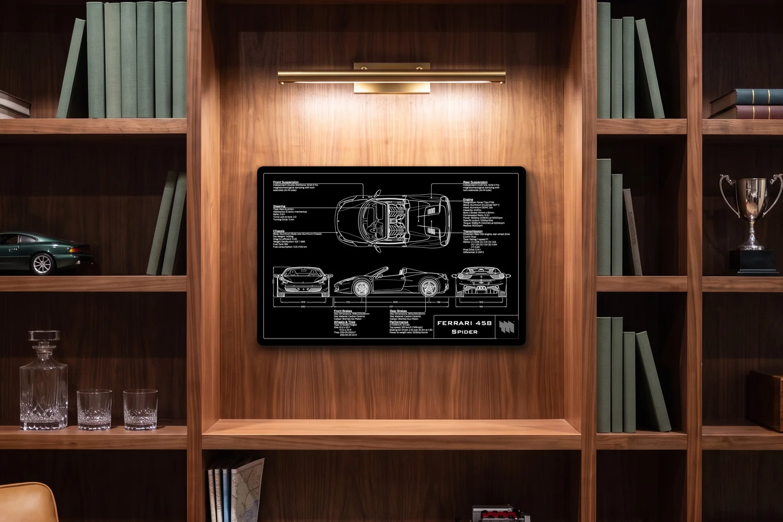 Ferrari 458 Spider, in a walnut library, landscape